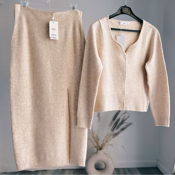 Mango Knit Co-Ord Set Skirt Cardigan Beige - Picture 1 of 7